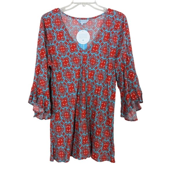 Escapada Living Tops - Escapada Living red blue V neck 3/4" Flutter sleeve Tunic Bohemian Blouse size L